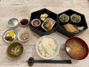 Japanese breakfast at business hotel in Hokkaido, Japan