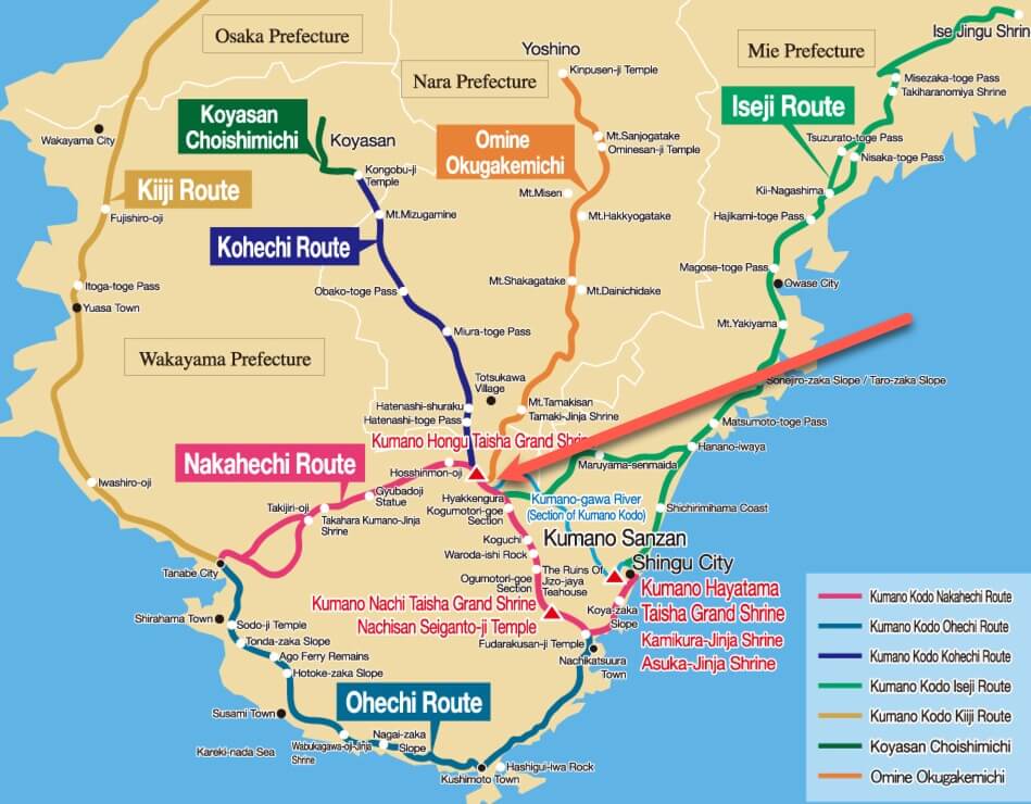 Yunomine Onsen area on Kumano Kodo map