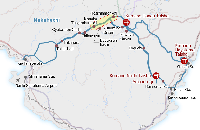 Yunomine Onsen on Kumano Kodo map