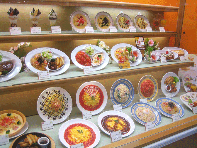 Plastic food samples in restaurant display