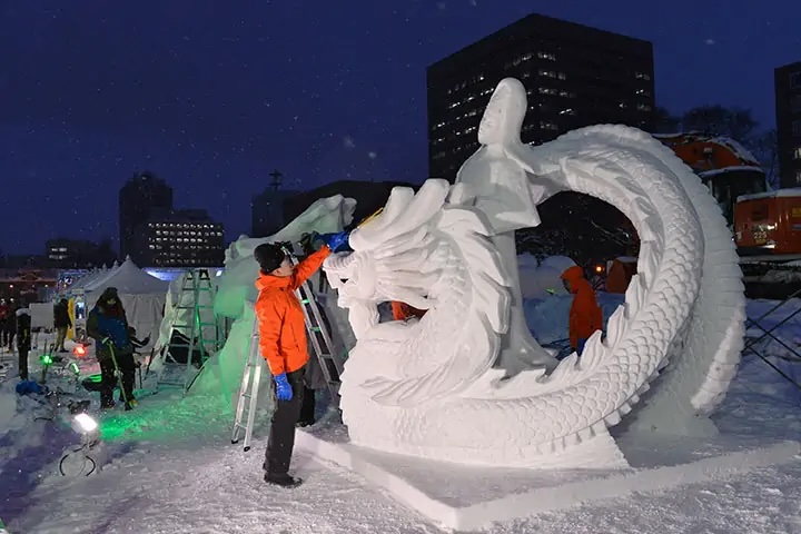 Dragon sculpture night illumination in Sapporo, Japan