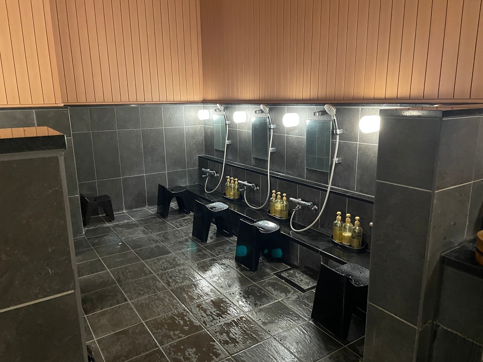Washing area in Japanese bath in Kusatsu Japan
