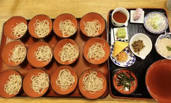 Wanko soba arrangement before the meal starts in Iwate Japan