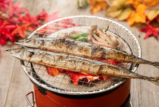 Pacific Saury fish on grill in Japan