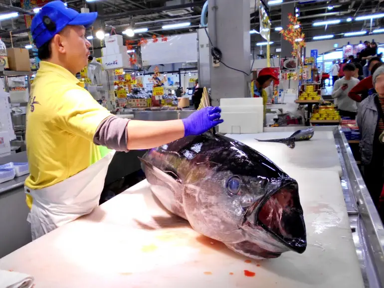 Man about to dismantle a tuna at Toretore Ichiba in Shirahama Japan